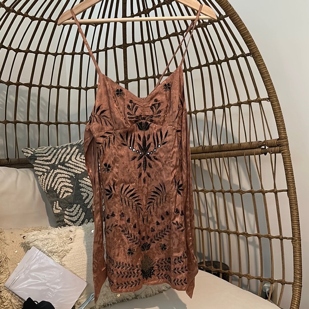 Anthropologie Brown Embroidered Mini Dress